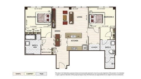 Floor plan for 2 beds, 2 baths, 1073 sqft